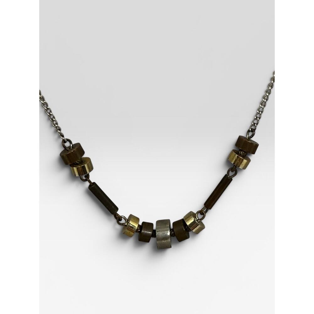 Vintage 80s 90s Industrial Tri-Tone Metal Necklace 15” Minimalist